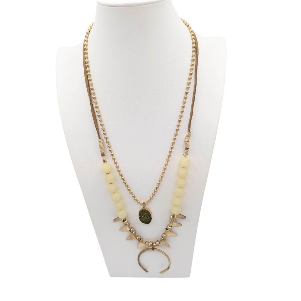 PLUNDER Lot of 2 Boho Beaded Pendant Adjustable Gold Tone Necklaces